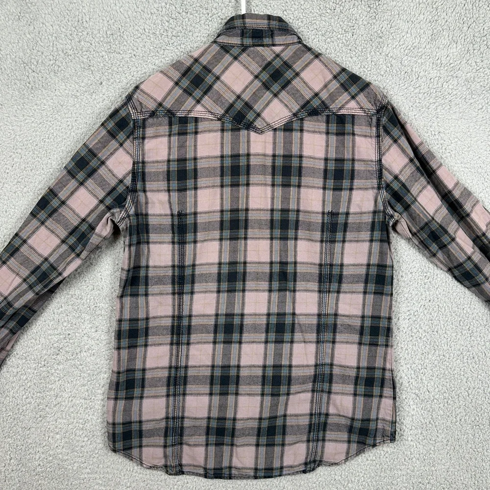 True Religion Shirt Western Mens Medium Pink Blue Pearl Snap Button Flap Pocket